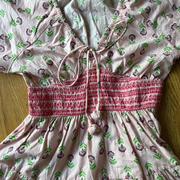 Japna pink white floral dress smocked waist cotton tiered cottagecore sz S NEW - Picture 2 of 10